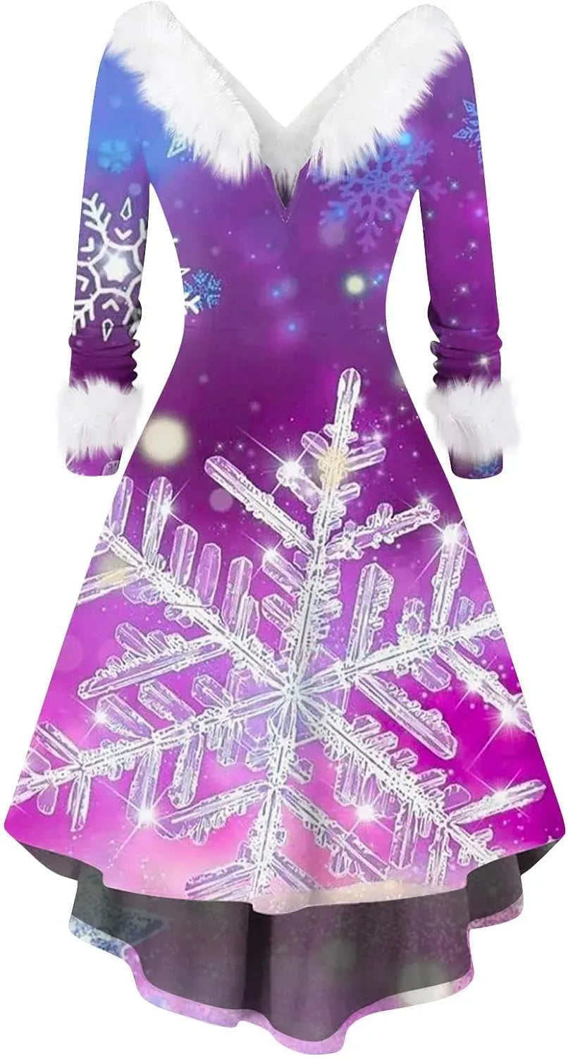 Womens Christmas Dress Fuzzy Mrs Claus Christmas Holiday Xmas Cocktail Holiday Party Flare Dress