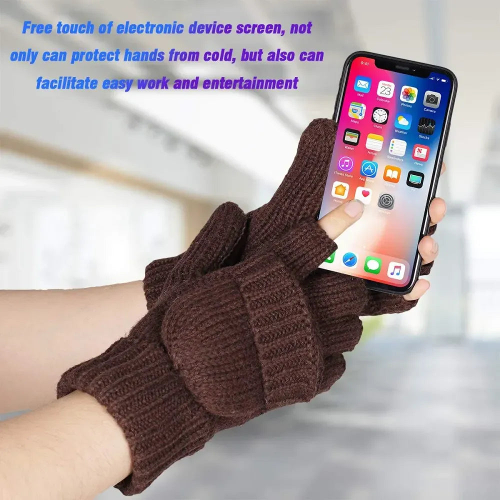 Bodvera Thermal Insulation Fingerless Texting Wool Gloves for Women and Men Winter Warm Knitted Convertible Mittens Flap