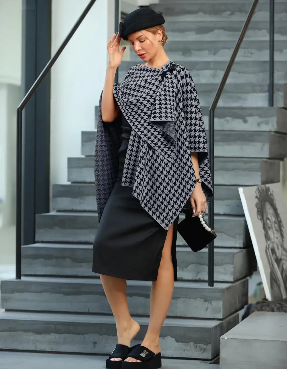 Womens Large Cross Front Poncho Sweater Wrap Topper Knitted Elegant Shawls Cape for Fall Winter