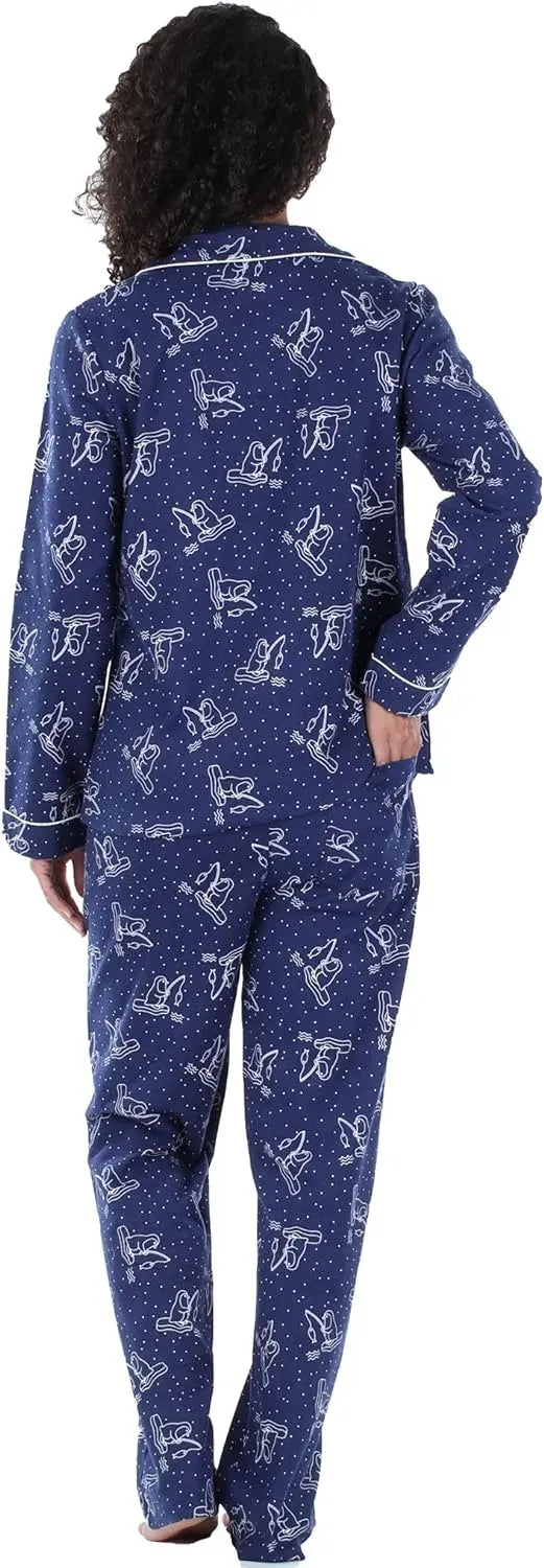 Women's Cotton Flannel Long Sleeve Button-Down Pajamas PJ Set