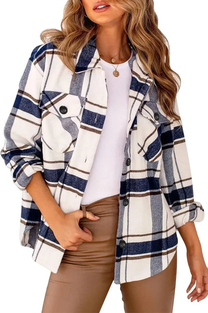 Womens Casual Plaid Shacket Button Down Long Sleeve Shirt