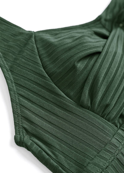 Surplice Tropical Plants Print Olive Green Tankini Set