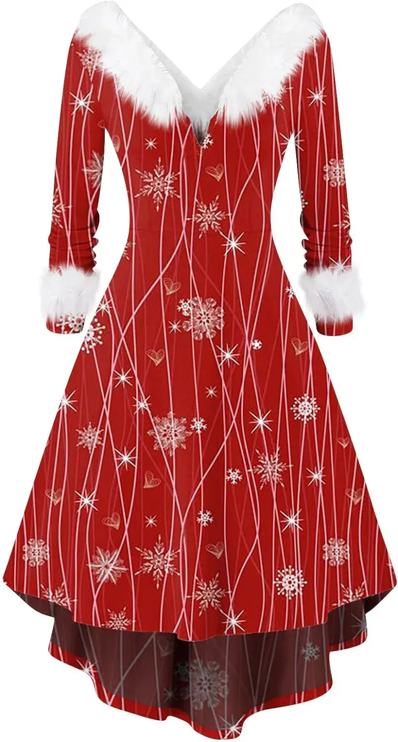 Womens Christmas Dress Fuzzy Mrs Claus Christmas Holiday Xmas Cocktail Holiday Party Flare Dress