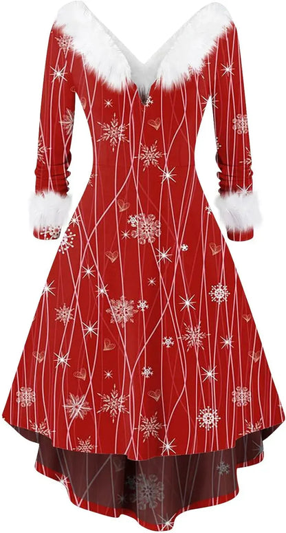 Womens Christmas Dress Fuzzy Mrs Claus Christmas Holiday Xmas Cocktail Holiday Party Flare Dress
