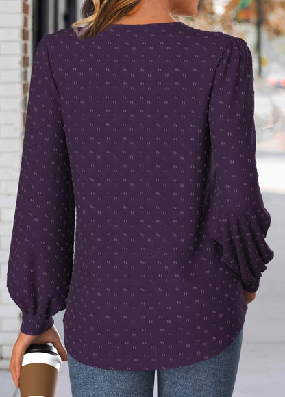 Purple Embroidery Long Sleeve Split Neck Blouse