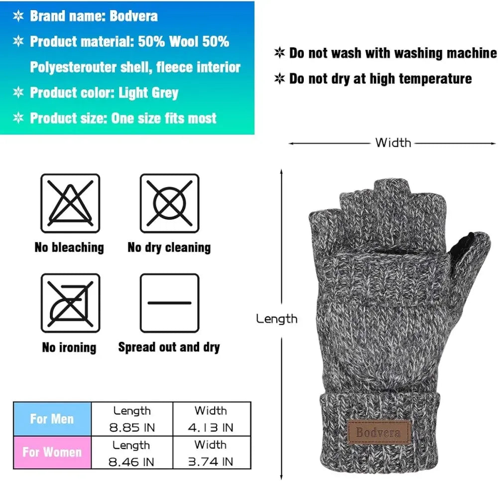 Bodvera Thermal Insulation Fingerless Texting Wool Gloves for Women and Men Winter Warm Knitted Convertible Mittens Flap