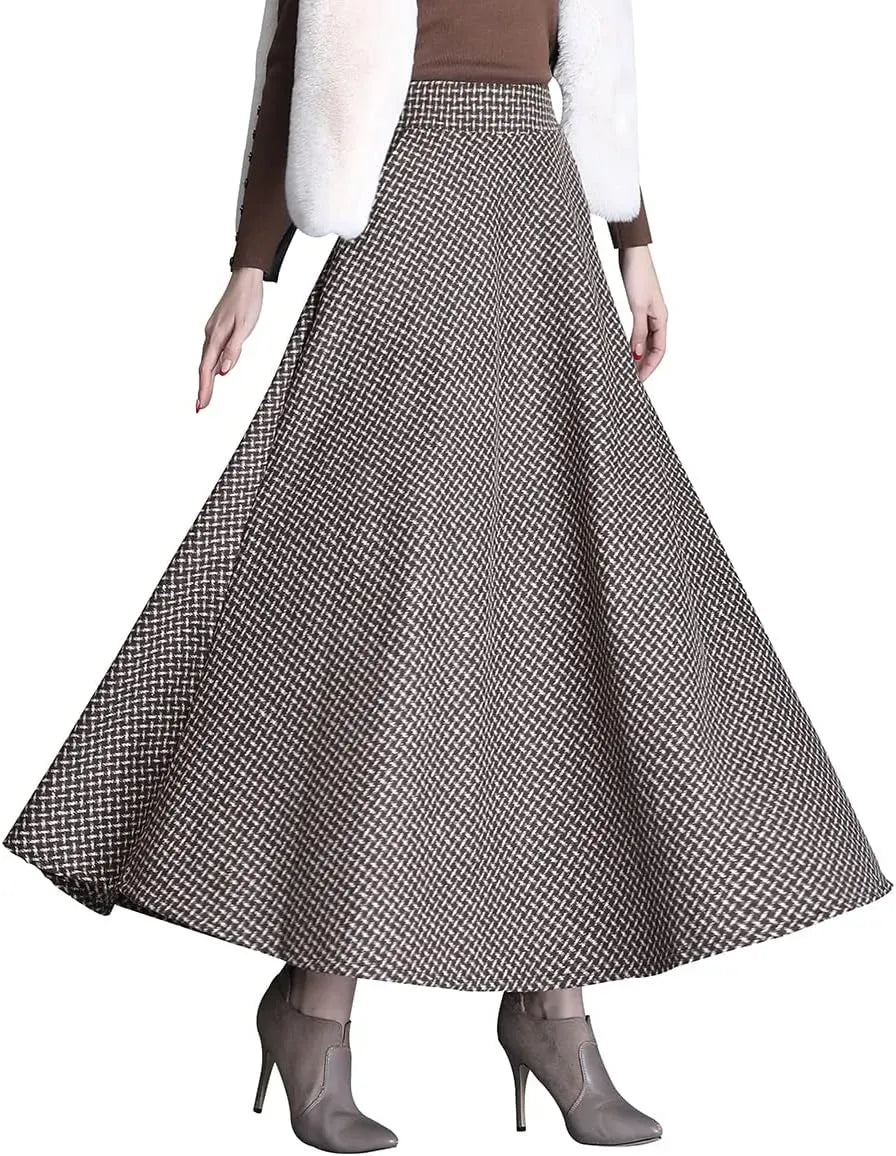 Women's Winter Elegant Warm Long Skirt Wool Maxi Skirts Elastic Waist A-Line High Waist Plaid Pleated Skirt S-3XL