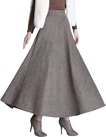 Women's Winter Elegant Warm Long Skirt Wool Maxi Skirts Elastic Waist A-Line High Waist Plaid Pleated Skirt S-3XL