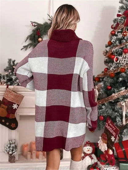 Women's Ugly Christmas Sweater Sweater Dress Christmas Sweaters Turtleneck Ribbed Knit Polyester Knitted Fall Winter Long Outdoor Christmas Daily Stylish Casual Soft Long Sleeve Plaid Red S M L