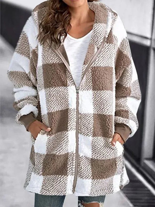 Women's Fleece Jacket Fleece Basic Pocket Zip Up Black Light Green Red Plaid Street Casual Hoodie Long Sleeve Top Micro-elastic Fall & Winter