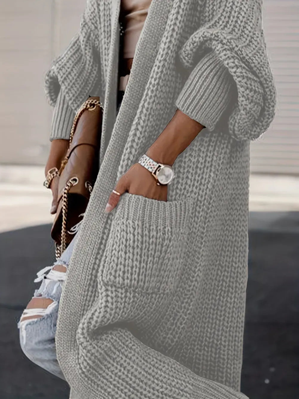 Plus Size Casual Cardigan, Women's Plus Solid Long Sleeve Open Front Cardigan With Pockets