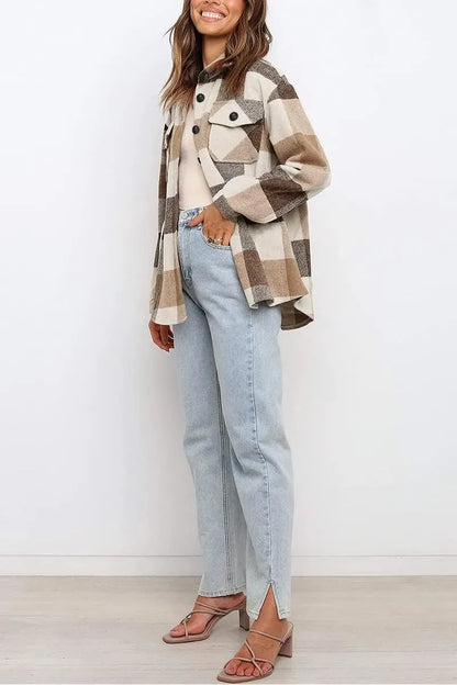 Womens Casual Plaid Shacket Button Down Long Sleeve Shirt