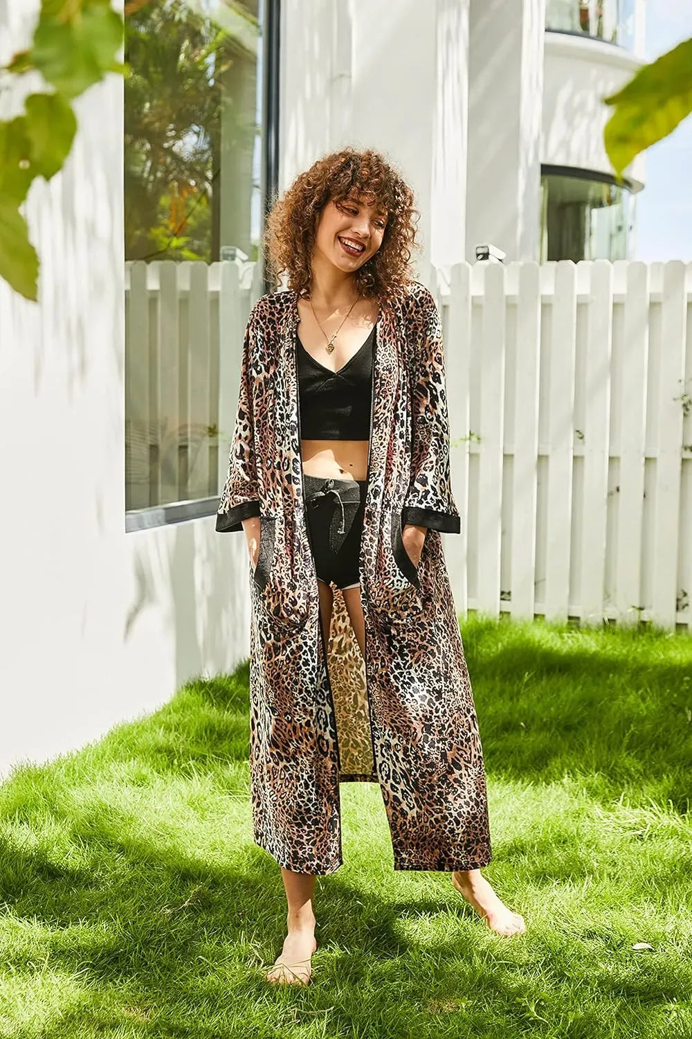 Women Zipper Robe 3/4 Sleeves Loungewear Dress Full Length Sleepwear Pockets Housecoat Nightgown Long Bathrobe