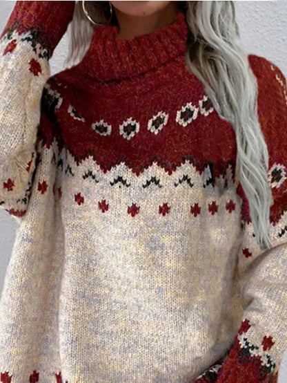Women's Ugly Christmas Sweater Pullover Sweater Jumper Turtleneck Ribbed Knit Acrylic Patchwork Fall Winter Regular Xmas Daily Going out Stylish Casual Soft Long Sleeve Geometric Red S M L