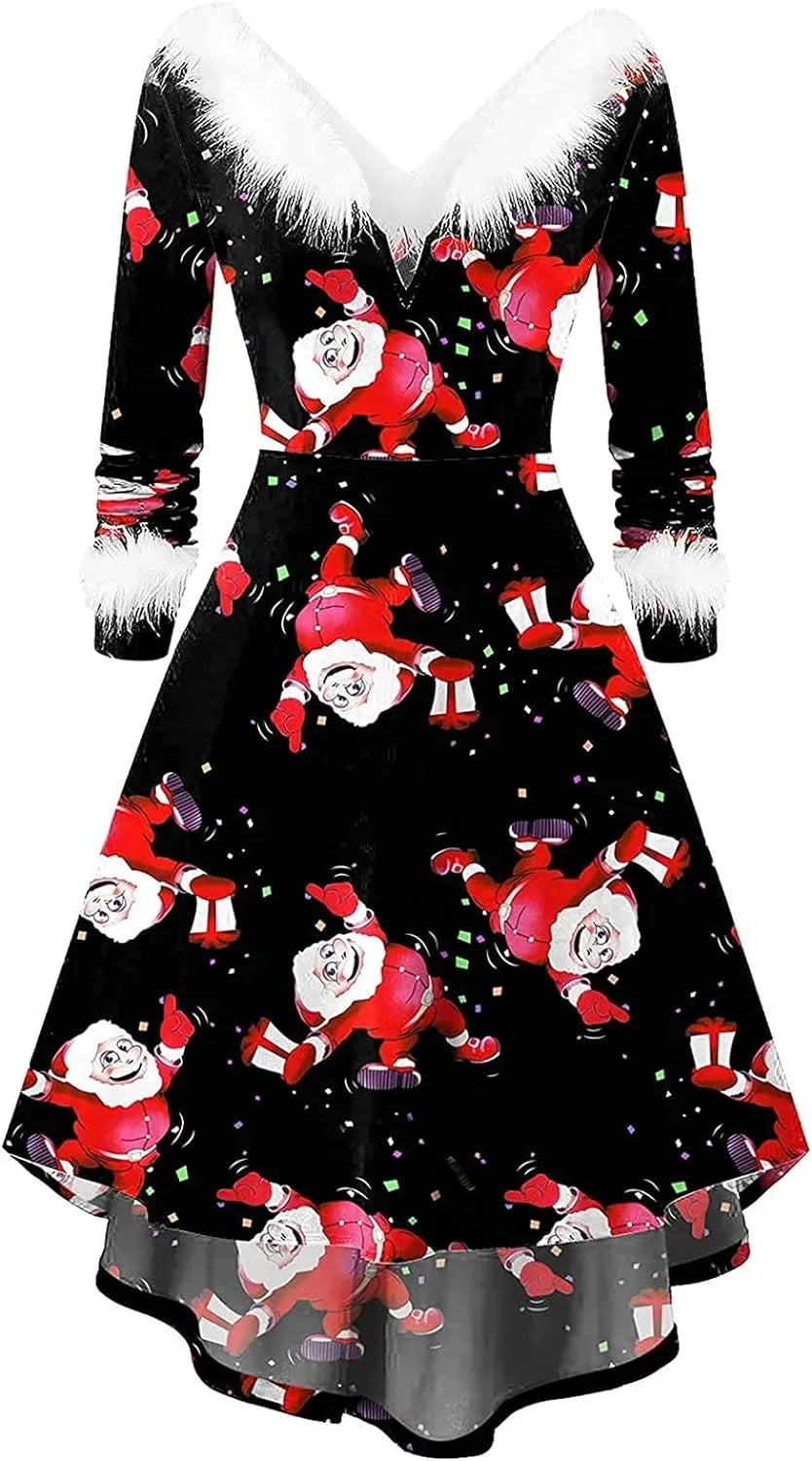 Womens Christmas Dress Fuzzy Mrs Claus Christmas Holiday Xmas Cocktail Holiday Party Flare Dress