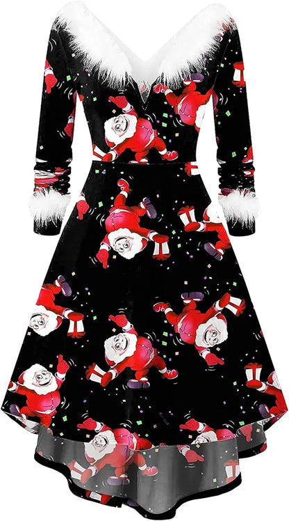 Womens Christmas Dress Fuzzy Mrs Claus Christmas Holiday Xmas Cocktail Holiday Party Flare Dress