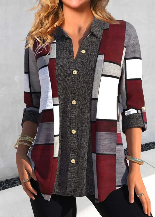 Dark Grey Button Geometric Print Shirt Collar Blouse