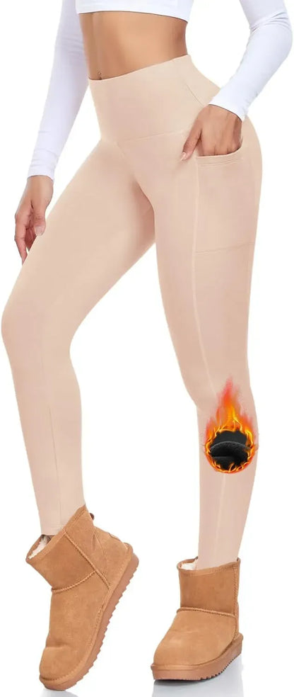 Fleece Lined Leggings with Pockets for Women High Waisted Thermal Winter Tummy Control Yoga Pants Workout Tights
