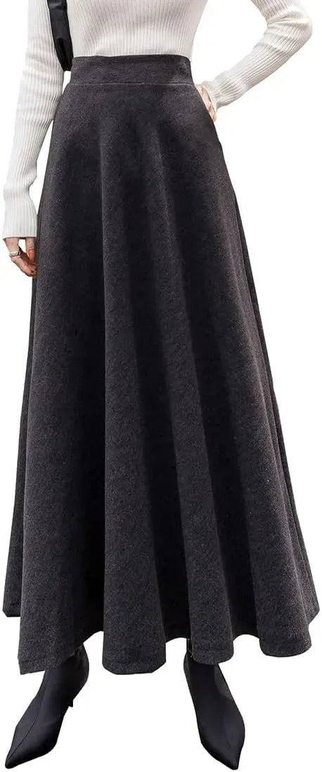 Women's Winter Elegant Warm Long Skirt Wool Maxi Skirts Elastic Waist A-Line High Waist Plaid Pleated Skirt S-3XL