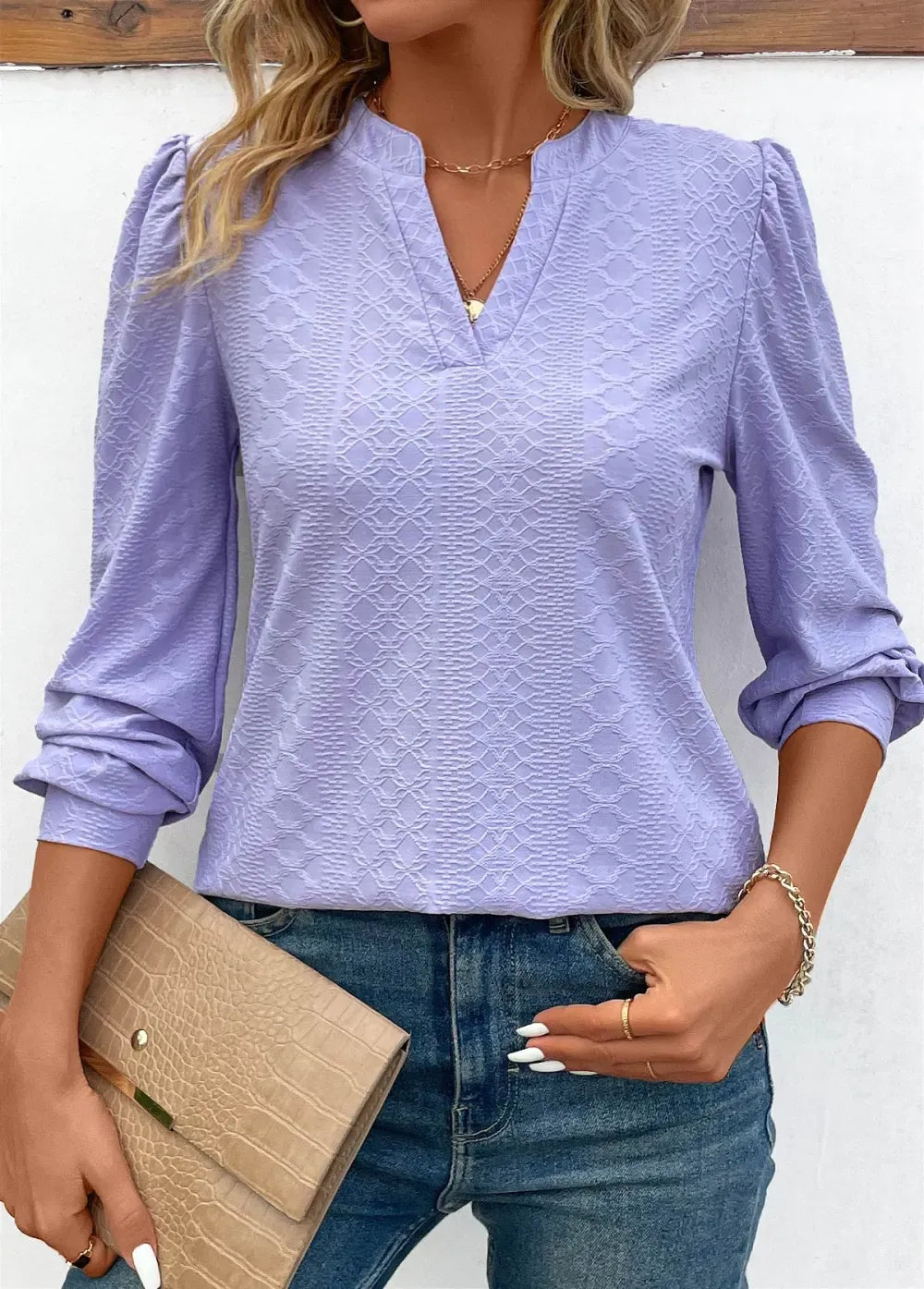 Light Purple Jacquard Long Sleeve V Neck Blouse