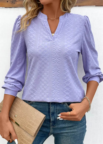 Light Purple Jacquard Long Sleeve V Neck Blouse