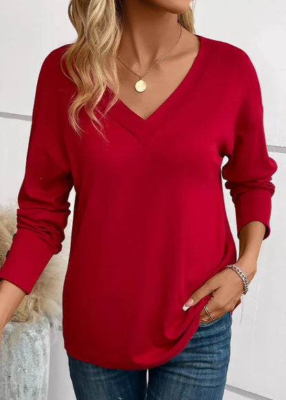 Wine Red Button Long Sleeve V Neck T Shirt