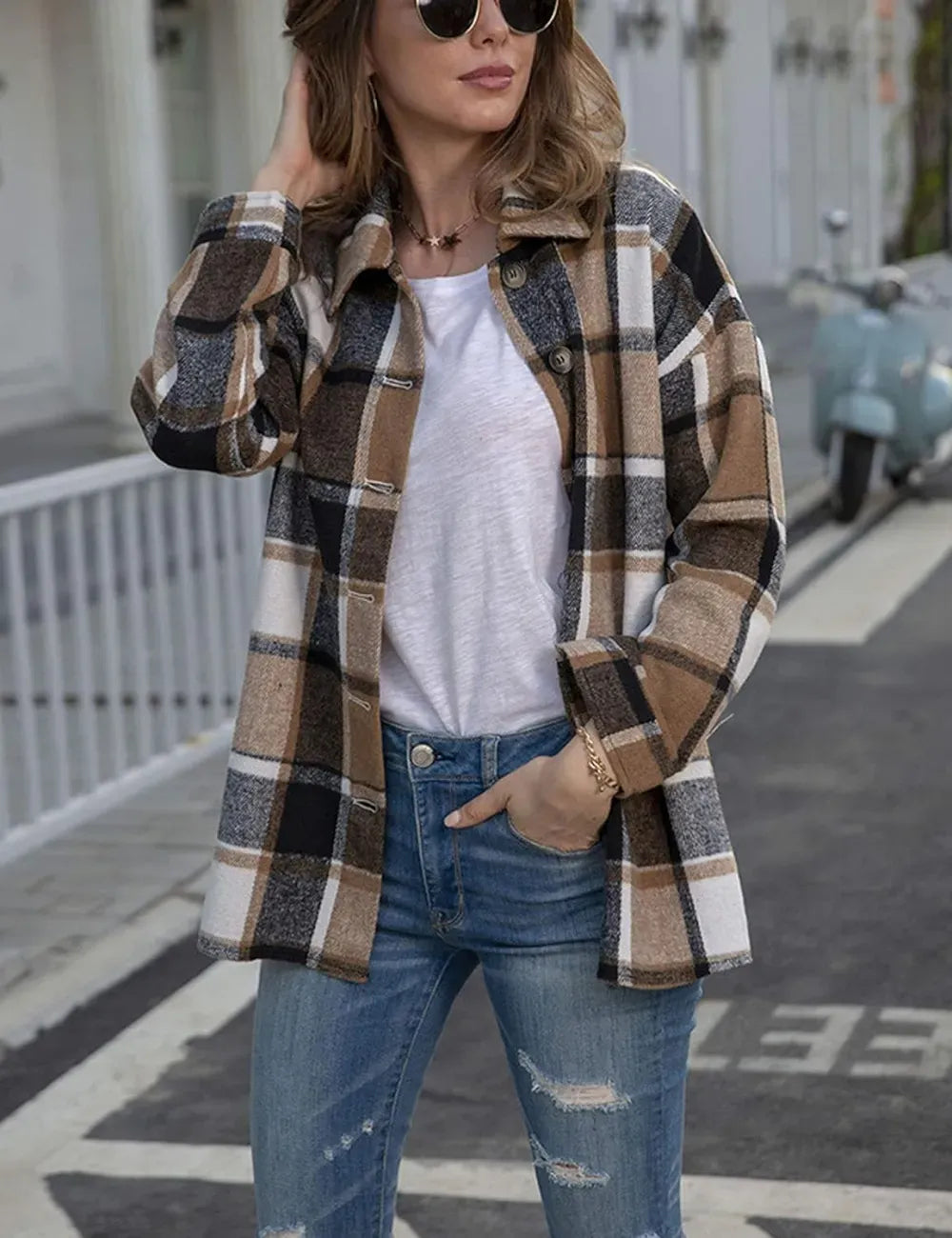 Womens Casual Plaid Shacket Button Down Long Sleeve Shirt