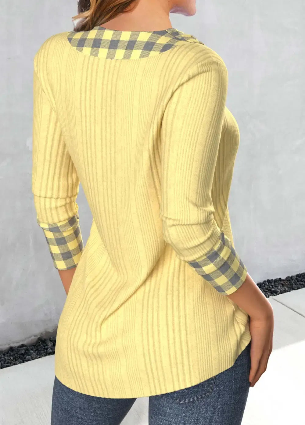 Light Yellow Patchwork Plaid Long Sleeve T Shirt