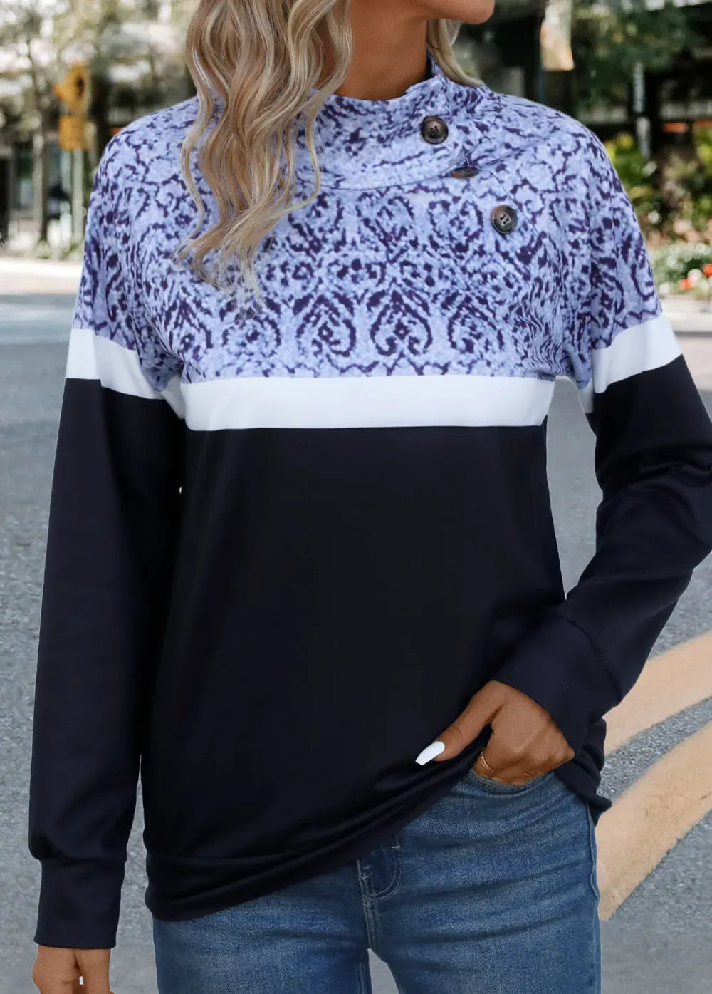Black Patchwork Tribal Print Long Sleeve Stand Collar Sweatshirt