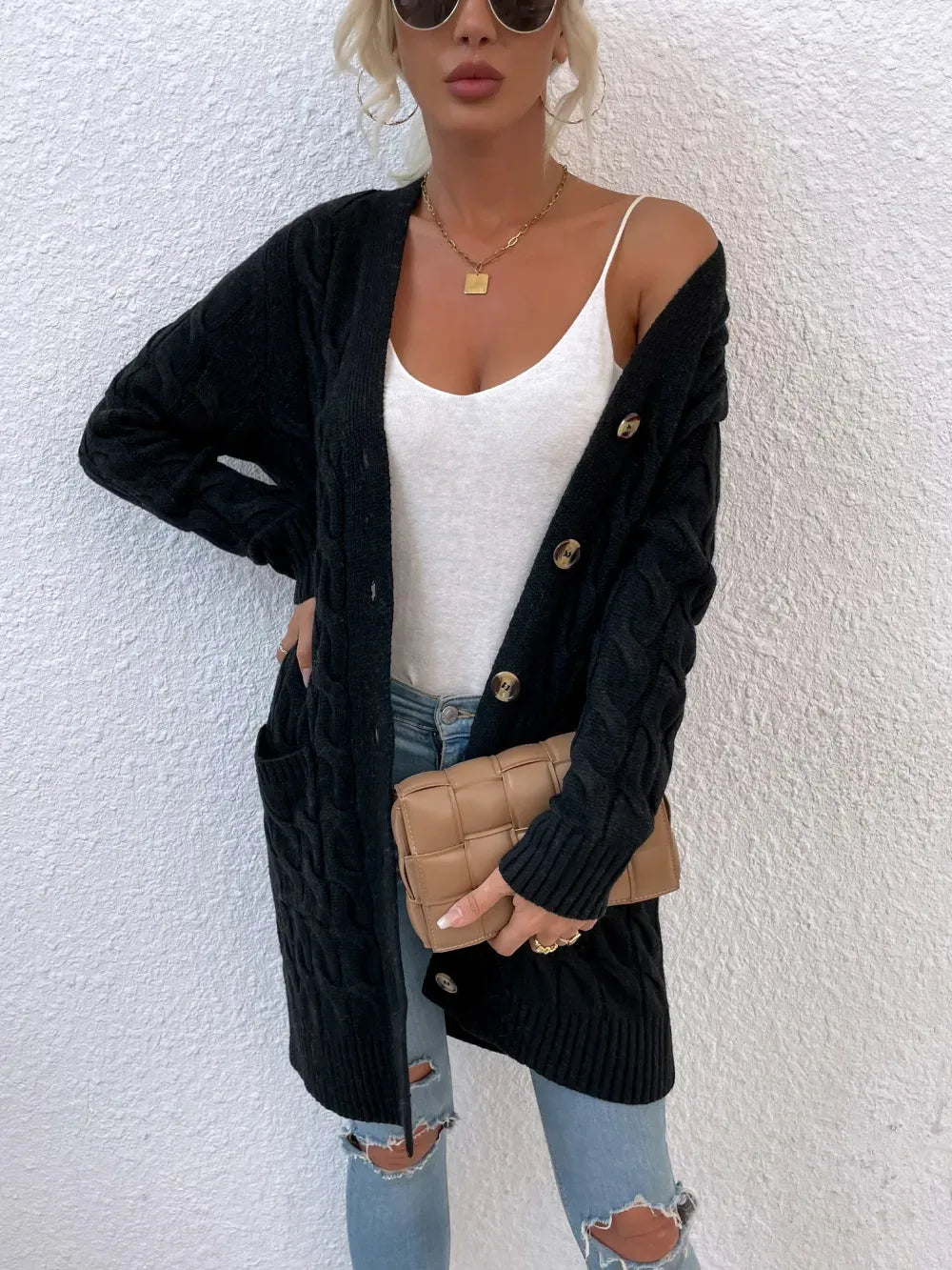 New long coat twist rope solid color cardigan sweater