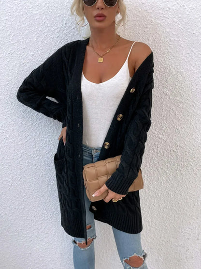 New long coat twist rope solid color cardigan sweater