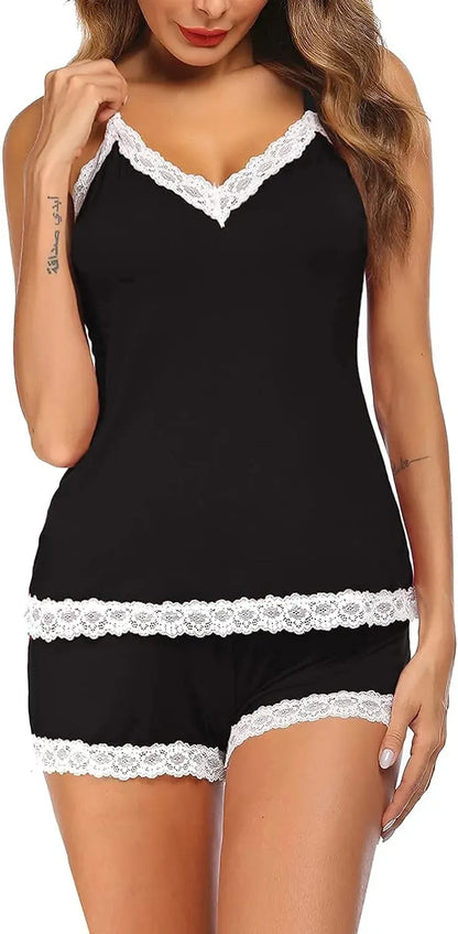 Women Cami Pajama Set Modal Sleepwear Lace Trim Short PJ Set with Shorts