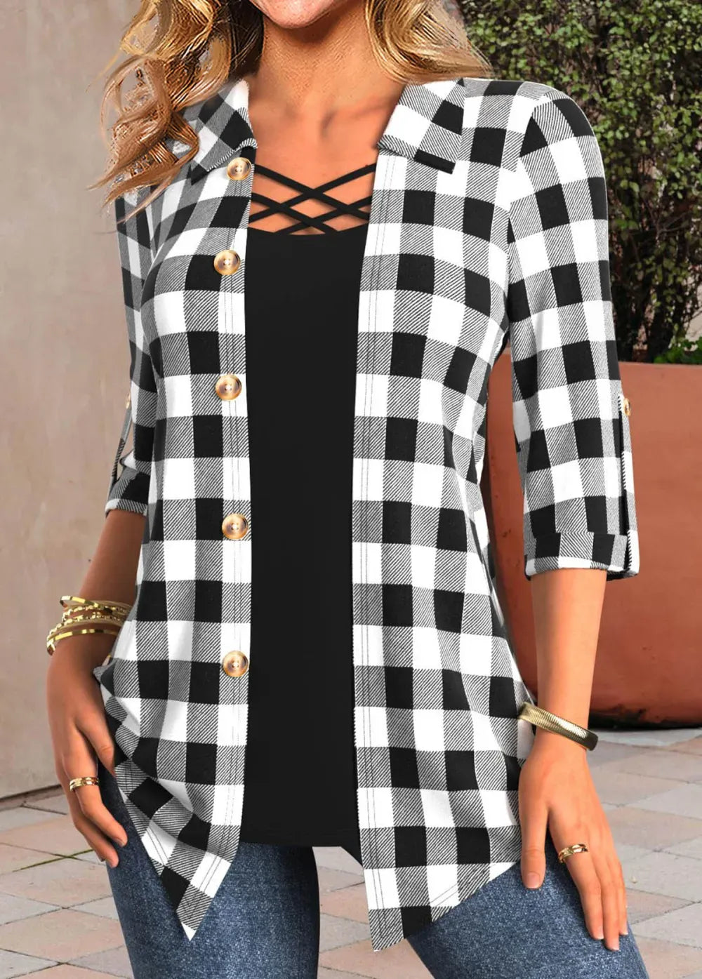 Shirt Collar Black Fake 2in1 Plaid Blouse
