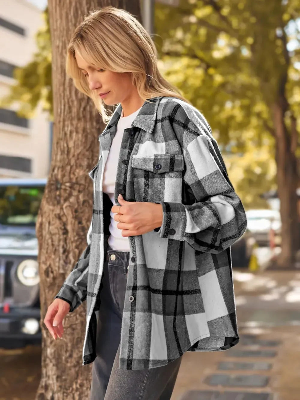 Womens Casual Plaid Shacket Button Down Long Sleeve Shirt