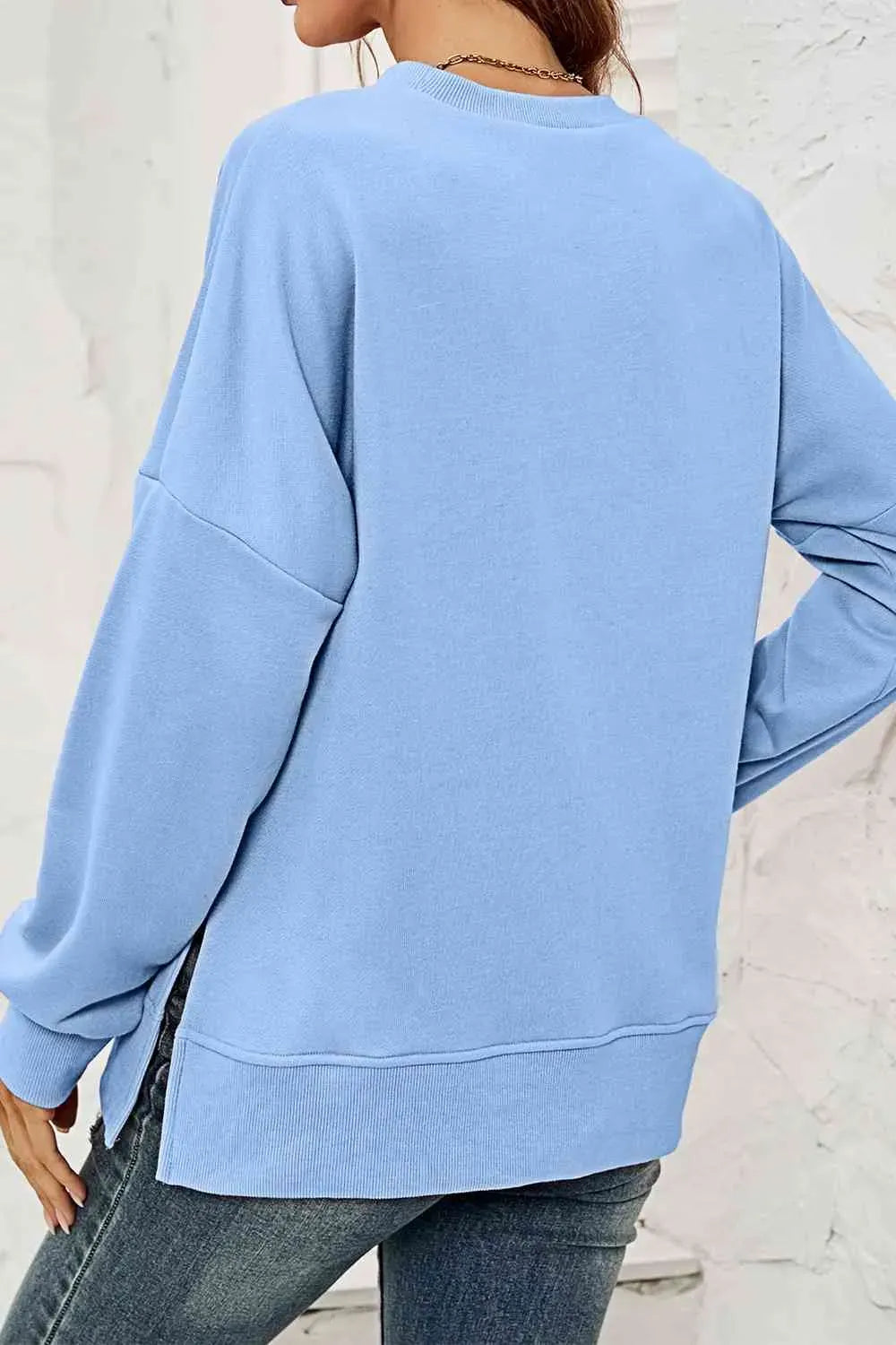 Round Neck  Dropped Shoulder Slit Sweatshirt AC