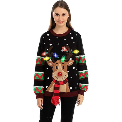 Womens LED Light Up Reindeer Ugly Christmas Sweater