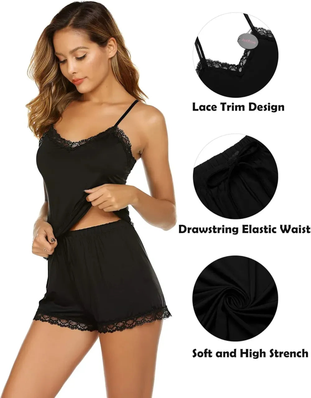 Women Cami Pajama Set Modal Sleepwear Lace Trim Short PJ Set with Shorts