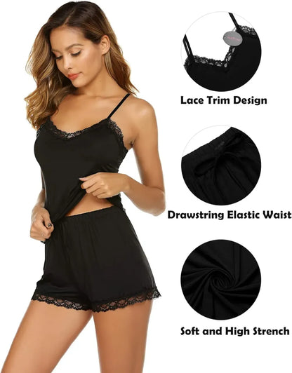 Women Cami Pajama Set Modal Sleepwear Lace Trim Short PJ Set with Shorts
