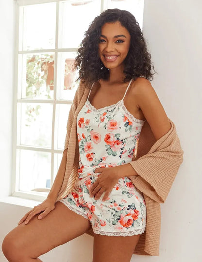 Women Cami Pajama Set Modal Sleepwear Lace Trim Short PJ Set with Shorts