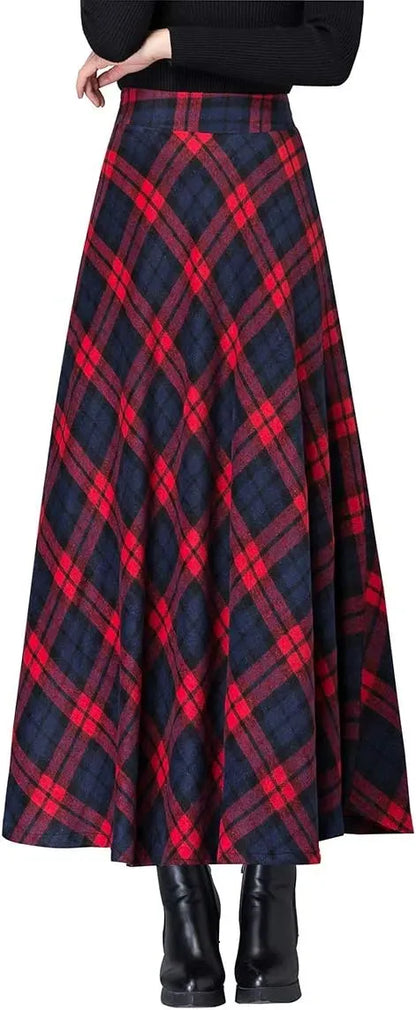 Women's Winter Elegant Warm Long Skirt Wool Maxi Skirts Elastic Waist A-Line High Waist Plaid Pleated Skirt S-3XL