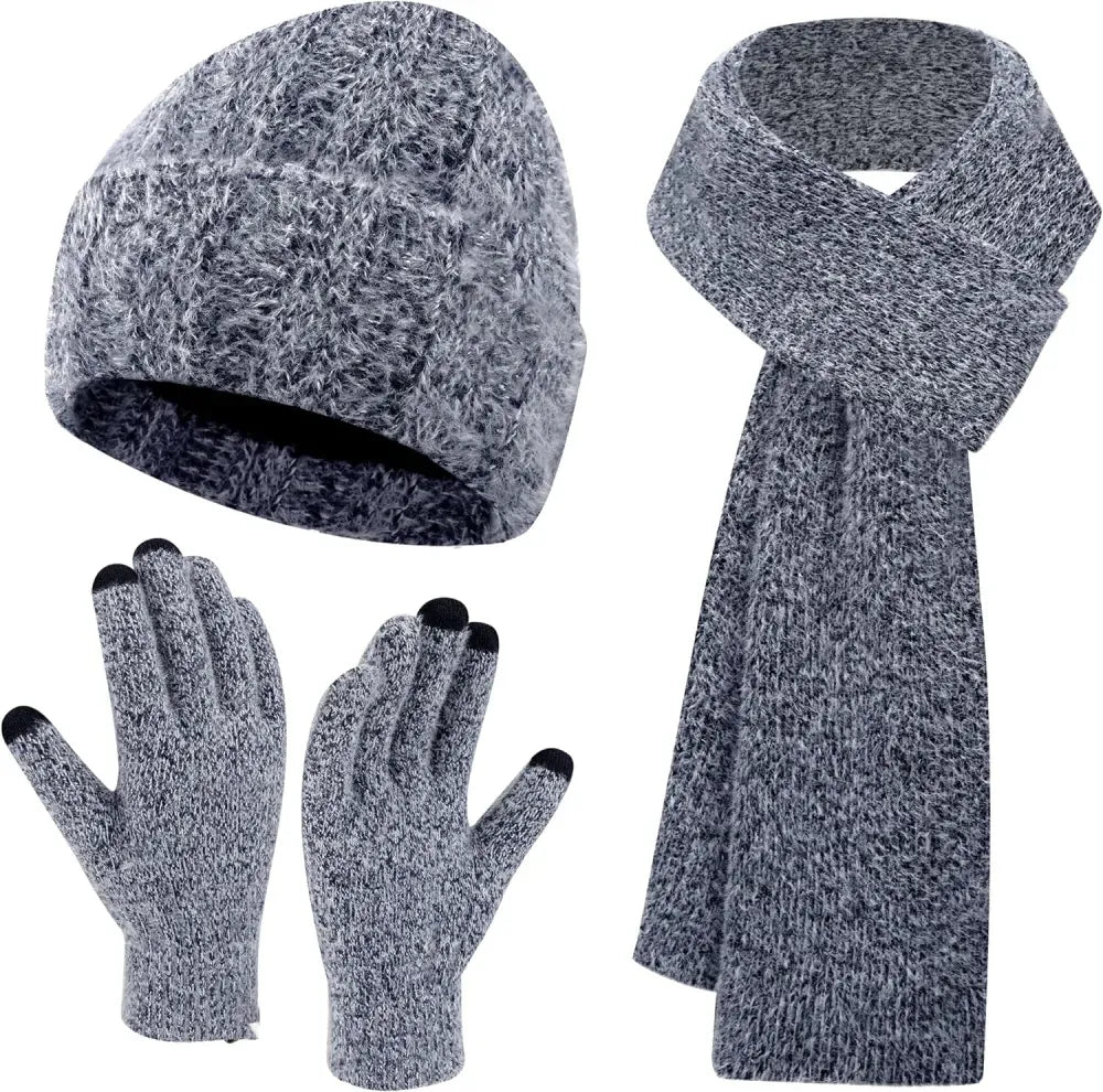 Womens Winter Warm Knit Beanie Hat Touchscreen Gloves Long Scarf Set with Fleece Lined Skull Caps Neck Scarves for Women Men