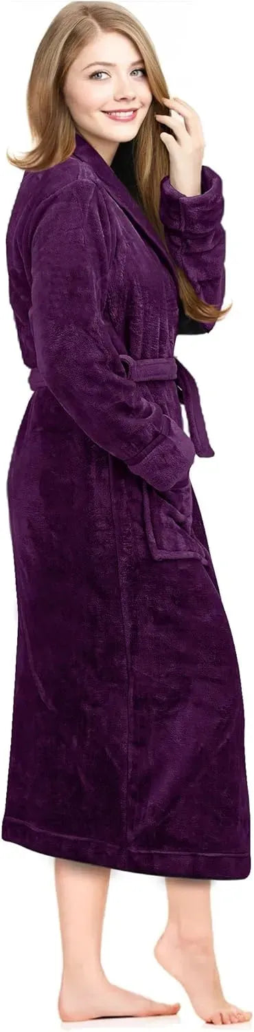Women Fleece Shawl Collar Bathrobe - Plush Long Robe