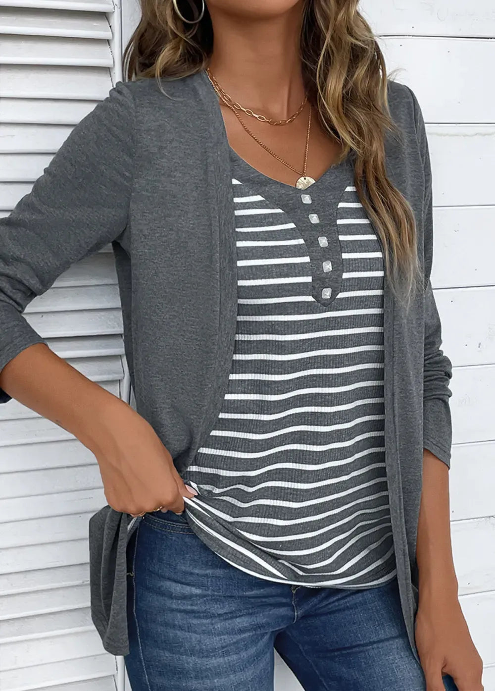 Dark Grey Marl Fake 2in1 Striped T Shirt