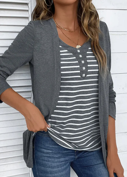 Dark Grey Marl Fake 2in1 Striped T Shirt