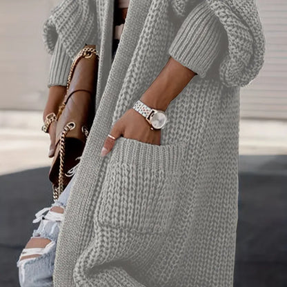 Plus Size Casual Cardigan, Women's Plus Solid Long Sleeve Open Front Cardigan With Pockets