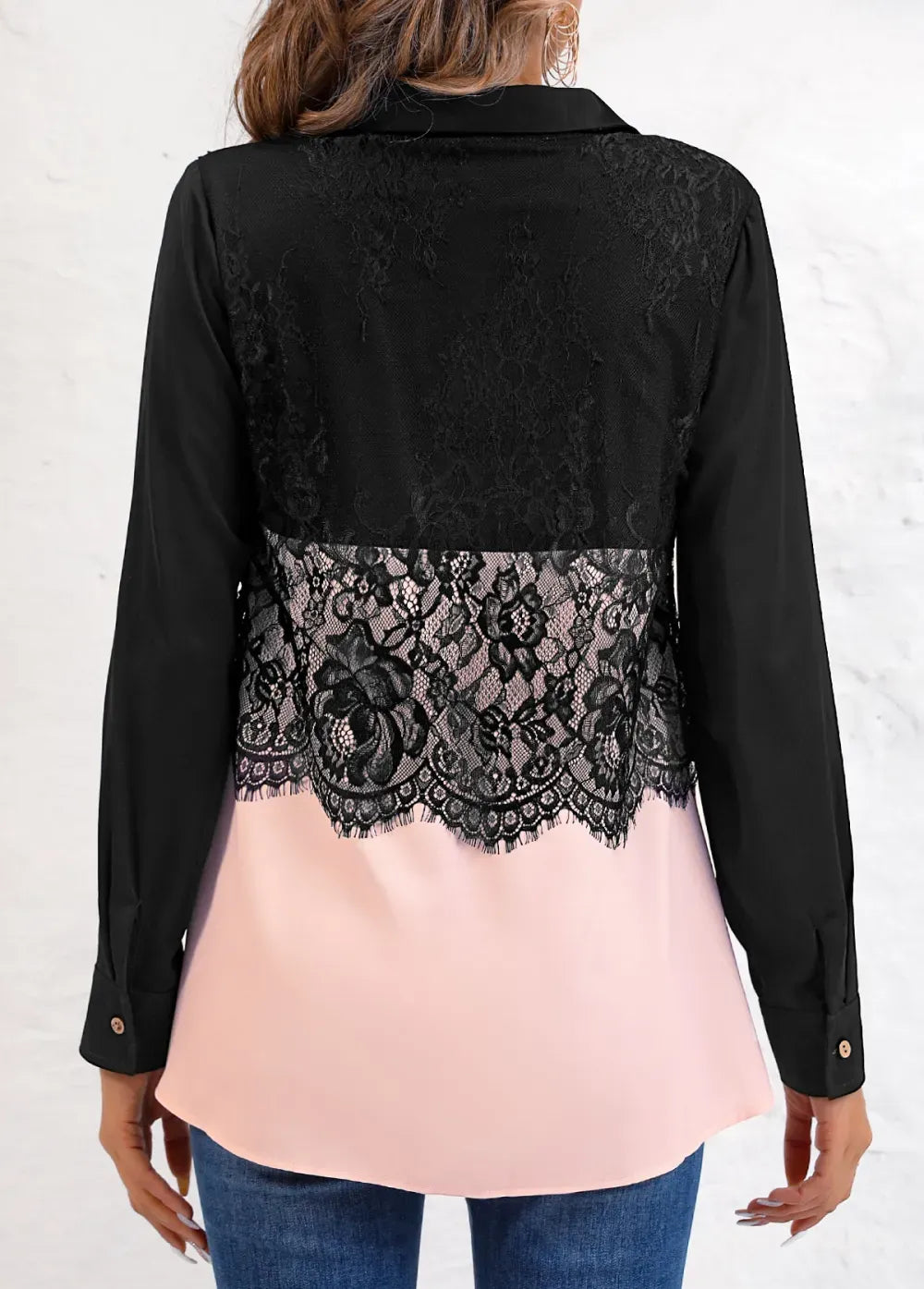 Pink Patchwork Long Sleeve Shirt Collar Blouse
