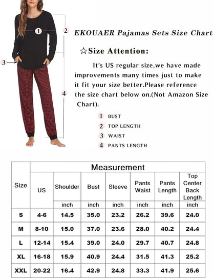 Women's Pajamas Sets Long Sleeve with Plaid Pants Soft Sleepwear O Neck 2 Piece Pjs Joggers Loung Set with Pockets