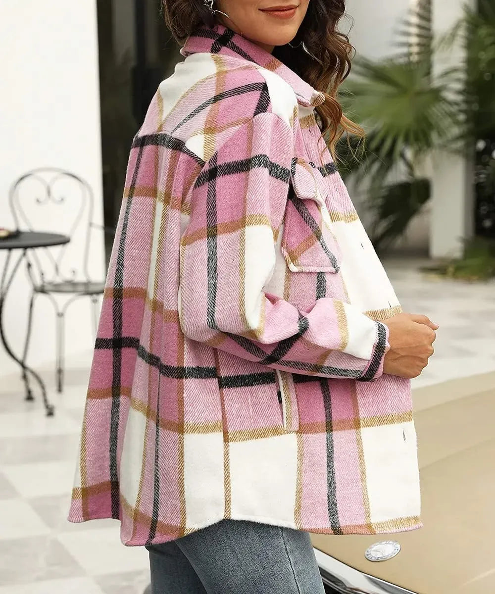 Womens Casual Plaid Shacket Button Down Long Sleeve Shirt