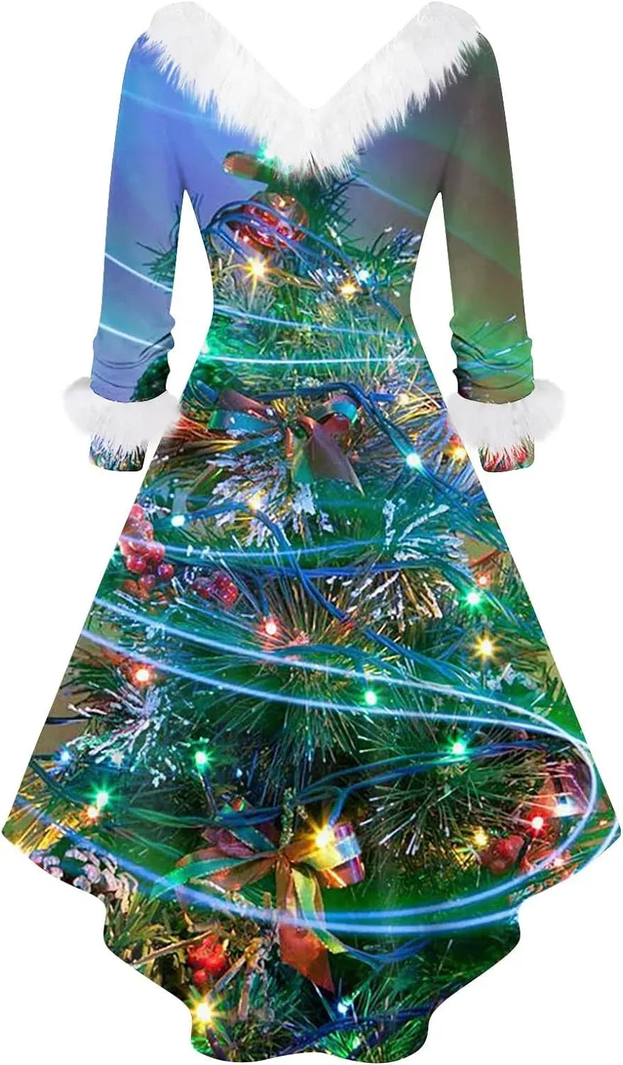 Womens Christmas Dress Fuzzy Mrs Claus Christmas Holiday Xmas Cocktail Holiday Party Flare Dress