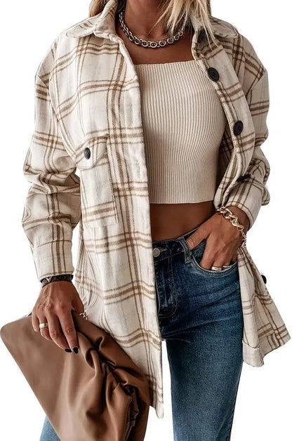 Womens Casual Plaid Shacket Button Down Long Sleeve Shirt